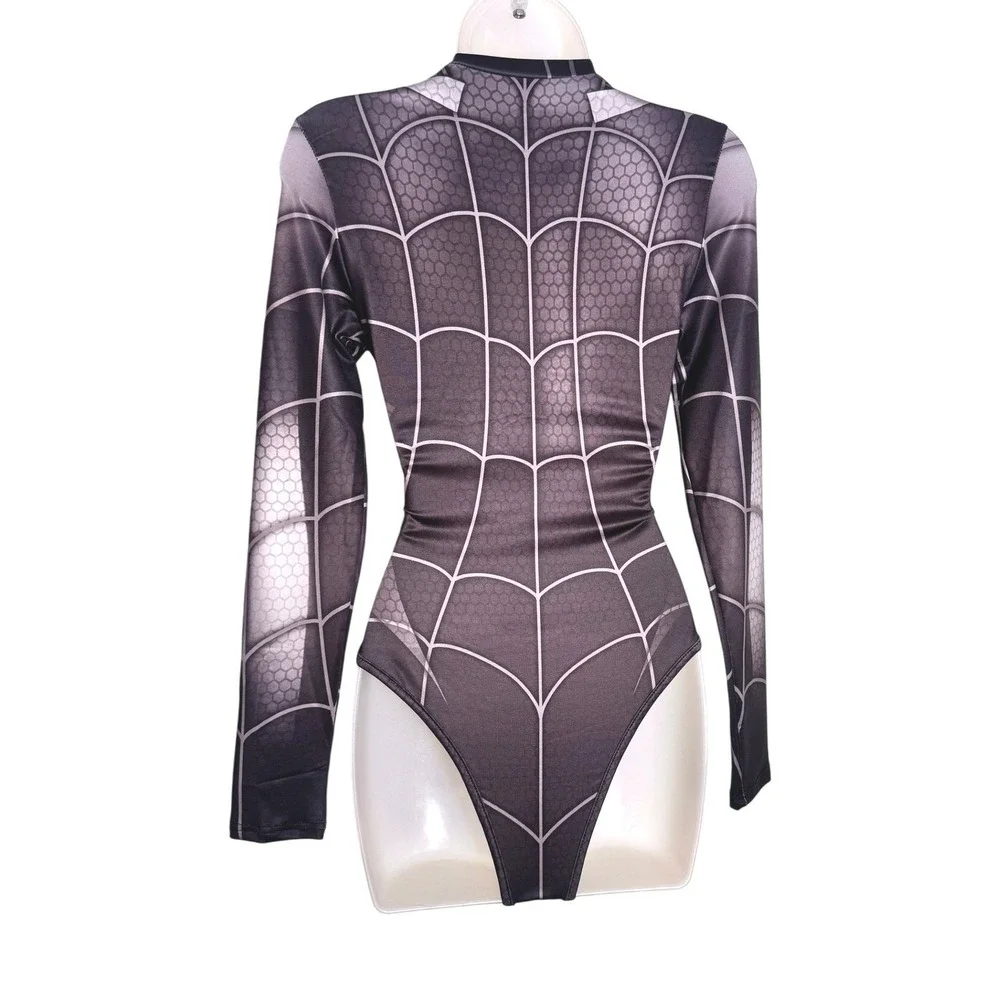 New Small Black‎ Spider Web Long Sleeve Bodysuit Spiderman Superhero Costume